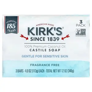 Kirk's 100% Premium Coconut Oil Castile Bar Soap, Fragrance Free, 3 Bars, 4 oz (113 g) Each