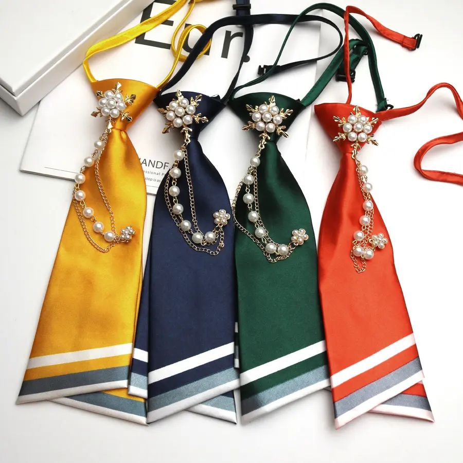 Women's Preppy Pearl Snowflake Brooch Pre-Tied Necktie - Glossy Satin Striped Mini, Adjustable Elastic Strap, Elastic Band, Double Dangle Pearl Chain, All Women's JK Uniform Accessory for School Cosplay Formal Outfits, Formal Wear, Daily, Female, Graduati