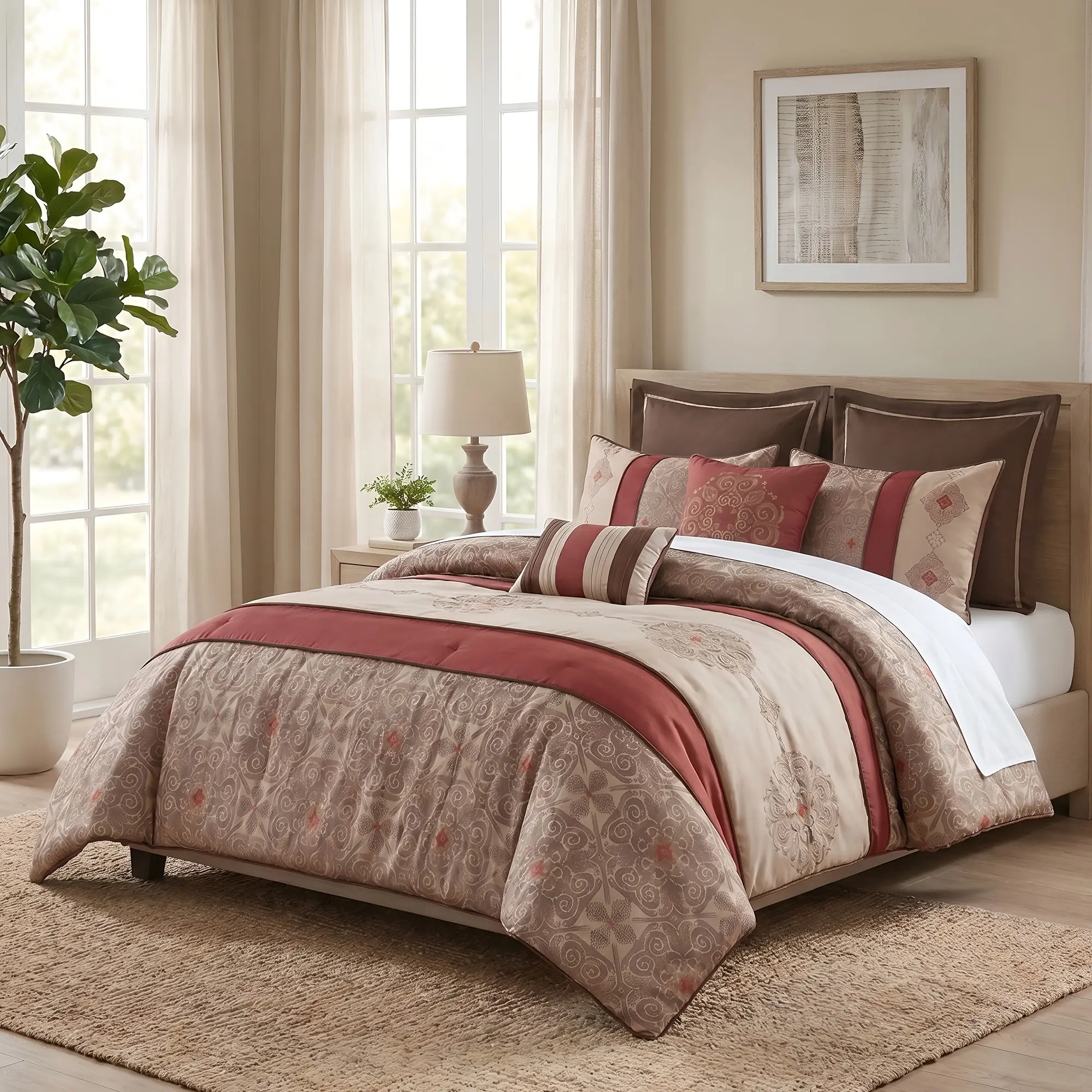 Luxury Hotel Style Damask Comforter Set - 8 Piece Elegant Jacquard Bedding Set for Bedroom Makeover