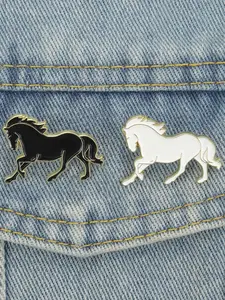 2 Piece Cartoon Galloping Horse Enamel Pin Pair Mascot of the Year of the Horse Black White Color Animal Design Brooches for 2026 Year of the Horse Backpack Coat Scarf Jacket Lapel Badge Decoration Jewelry  Gift for Kids Friends Collectors