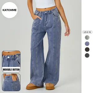 KatchMe Women's Street Mid-Rise Adjustable Button Lines Modify Wide Leg Jeans, Leisure Baggy Jeans Outfits, Versatile Women's Bottom,Classy Streetwear（CN）