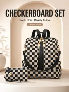 1pc Checkered Backpack Set with Matching Wristlet, Large Capacity Casual Travel Bag, Multi-Function School & Commute Backpack, Unisex Checkerboard Daypack for Work, Shopping, Trips, Daily Use & Stylish Gift Giving