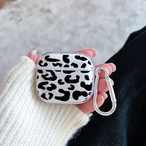 Leopard Print Pattern Protective Case for AirPods 4/3/2/1/Pro/Pro2 Soft TPU Earphone Cover, Transparent with Keychain