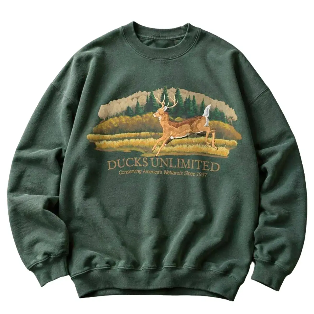 Vintage Ducks Unlimited Leaping Deer Sweatshirt - Wetlands Hunting Graphic Crewneck Unisex Forest Green Long Sleeve Pullover