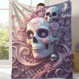 Day of the Dead Flannel Blanket with Sugar Skull Floral Pattern  Soft Cozy Lightweight Warm  Perfect for Home Decor  Sofa Throw  Holiday Celebration  Gift for Friends