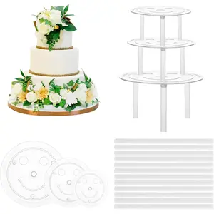 15 count Cake Dowels Rods with 3 Cake Boards Set, 4 6 8 Inch Plastic Tiered Cakes Supports,  Hollow Stacking Dowels for Wedding Birthday Party Cakes Construction Supplies