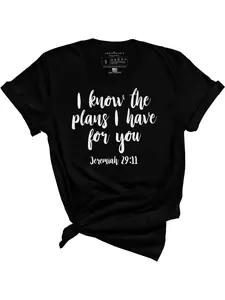 Plus Size, 1pc Women's Verse T-Shirt Jeremiah 2911 I Know The Plans I Have for You - 100% Oversized Short Sleeve Crew Neck Tee, Black with White Scripture Print, Inspirational Gift for Church, Christmas, Casual Attire (Jeremiah