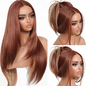 26 Inch Long Layered Straight Wigs for Women, Natural Looking Wigs, Ginger Highlights Wigs with Blunt Bangs, Synthetic Lace Front Wigs for Party, Daily Use, Gift