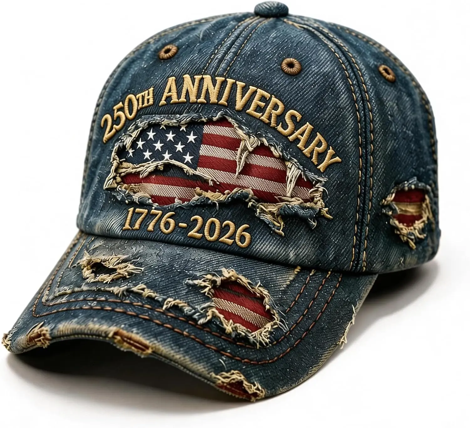 Unisex 250th Anniversary American Cap 1776-2026 - Vintage Flag Washed Distressed Denim Embroidered Baseball Cap for History Enthusiasts, Veteran Merch