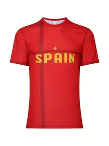 Men's Spain Football Jersey, Short Sleeve Round Neck Casual Print, Light Stretch Regular Fit, Soccer Training and Match Team Uniform