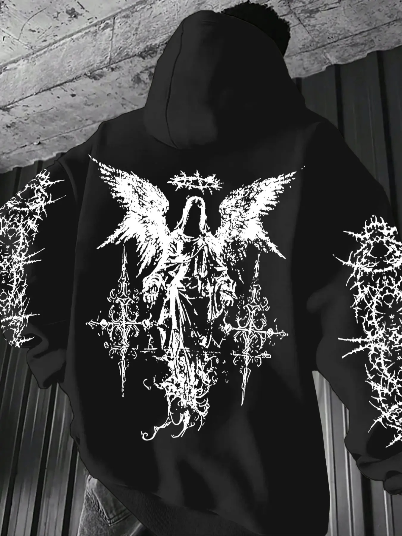 Men's Dark Angel Print Graphic Hoodie, Loose Fit, Comfortable Wear, Casual Style, Moderate Fabric, Fall & Winter, Fitted Design