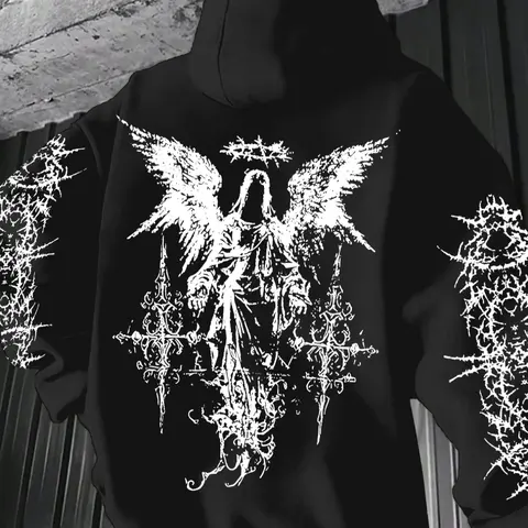 Men's Dark Angel Print Graphic Hoodie, Loose Fit, Comfortable Wear, Casual Style, Moderate Fabric, Fall & Winter, Fitted Design, Casual Hooded Sweatshirts