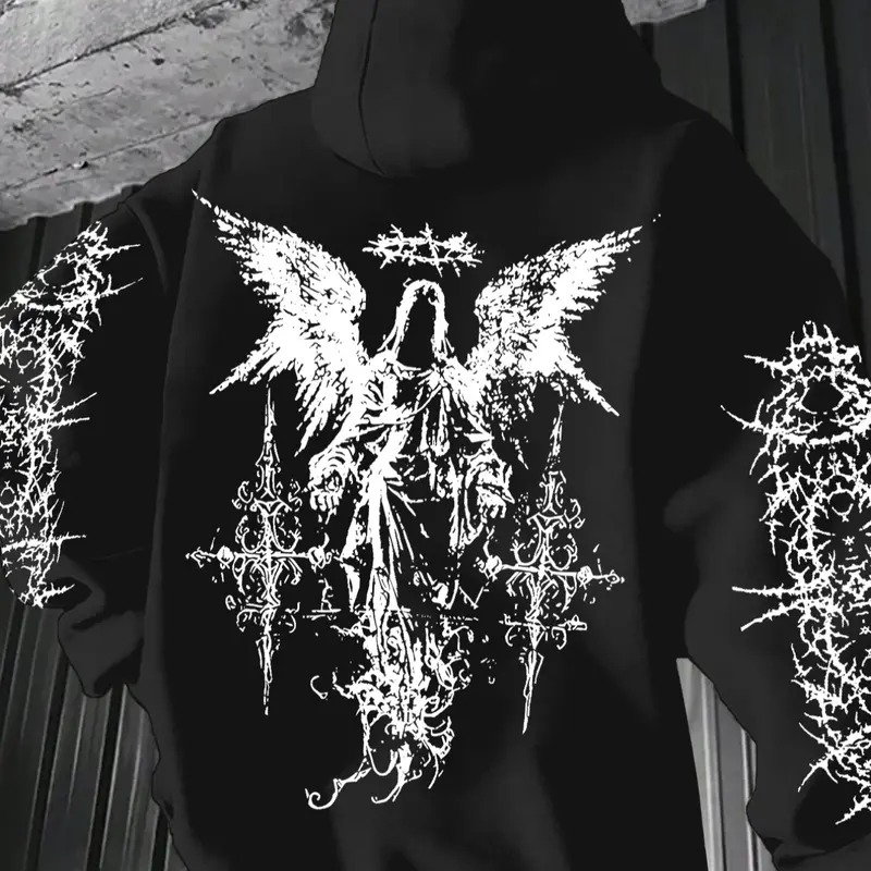 Men's Dark Angel Print Graphic Hoodie, Loose Fit, Comfortable Wear, Casual Style, Moderate Fabric, Fall & Winter, Fitted Design, Casual Hooded Sweatshirts