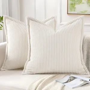 Corduroy Pillow Covers 18x18 Inch Set of 2, Striped Decorative Square Throw Pillow Covers with Wide Border For Couch, Living Room, Bed, Cream White