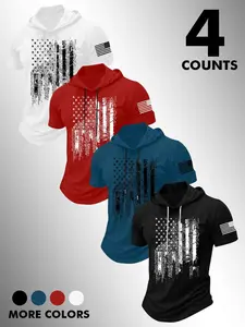 Men's 4-Pack Patriotic Hooded T-Shirts, Distressed American Flag Graphic Tees, Short Sleeve Hoodie Tops for Gym, Training, Independence Day #tiktokmademebuyit