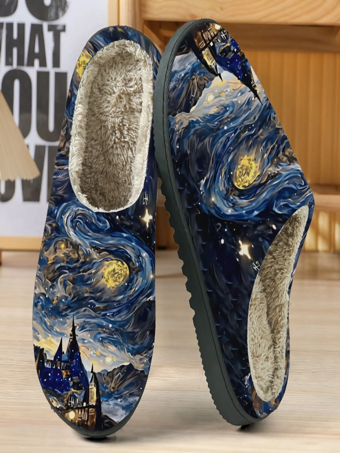 Van Gogh Starry Night Magic Castle Cotton Slippers, Soft Eva Sole, Textile Upper, Casual Home Footwear for Fall & Winter