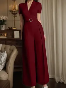 Women's Casual Everyday Chic Elegant Solid Color Jumpsuit, V Neck Short Sleeve Belted Wide Leg Pants, High Waist Fitted Long Regular Fit, All Seasons