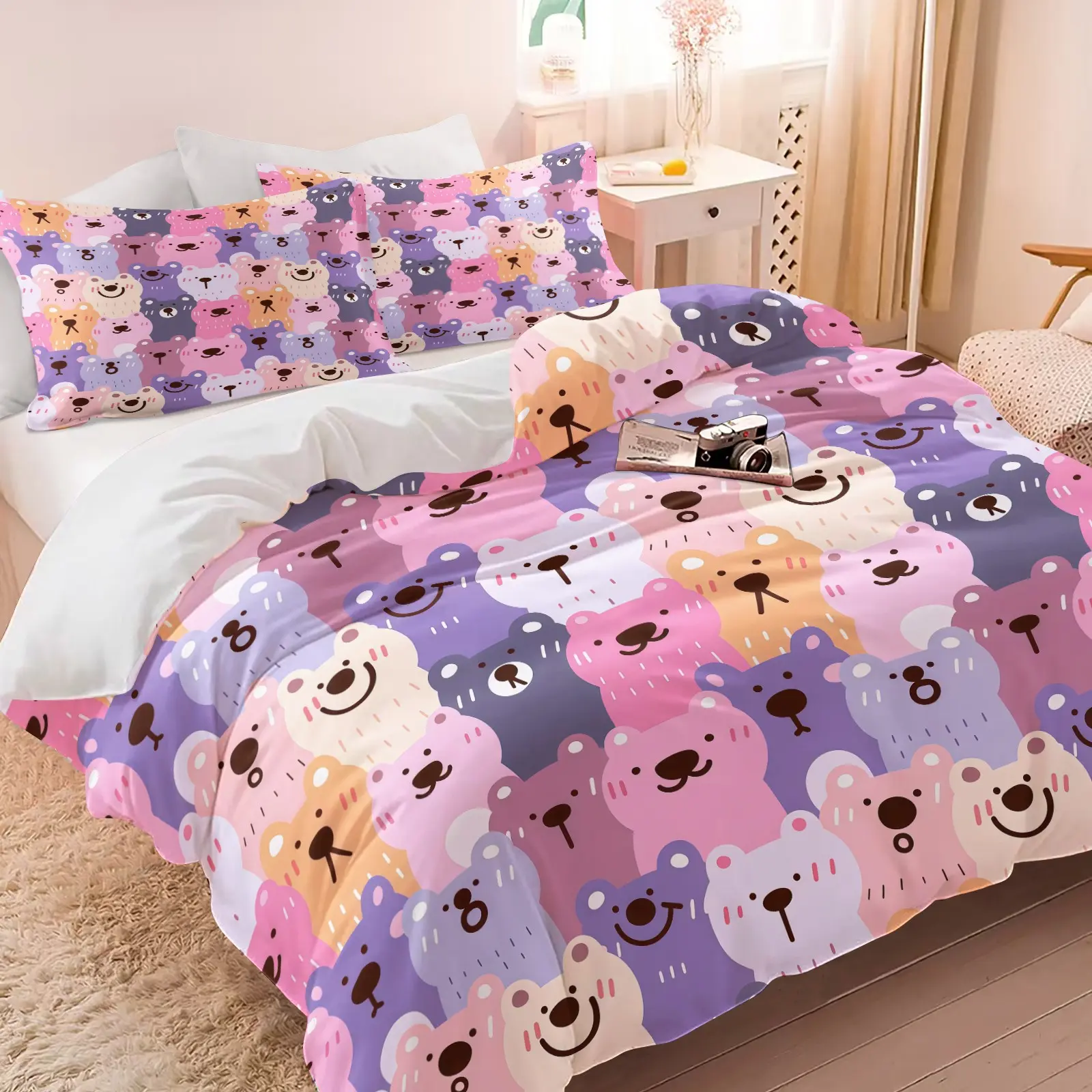 Cute Bear Pattern Duvet Cover Set, Macaron Color Bedding Set (1 Duvet Cover + 1/2 Pillowcase, No Filler), Suitable For Teenagers And Adults, Used For Dormitories, Guest Rooms, Bedroom Decoration Supplies