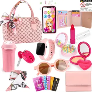 Little Girl Wallet Makeup Bag Handbag, Kids Pretend Play Makeup Set, Princess Toy Crossbody Bag, Kids Vanity, Includes Cup, Phone, Watch, Scarf, Brush