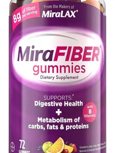 MiraFIBER Gummies, From The Gut Experts at MiraLAX, 8g of Daily Prebiotic Fiber with B Vitamins to Support Digestive Health and Metabolism, Fruit Flavored Fiber Gummies, 72 Count