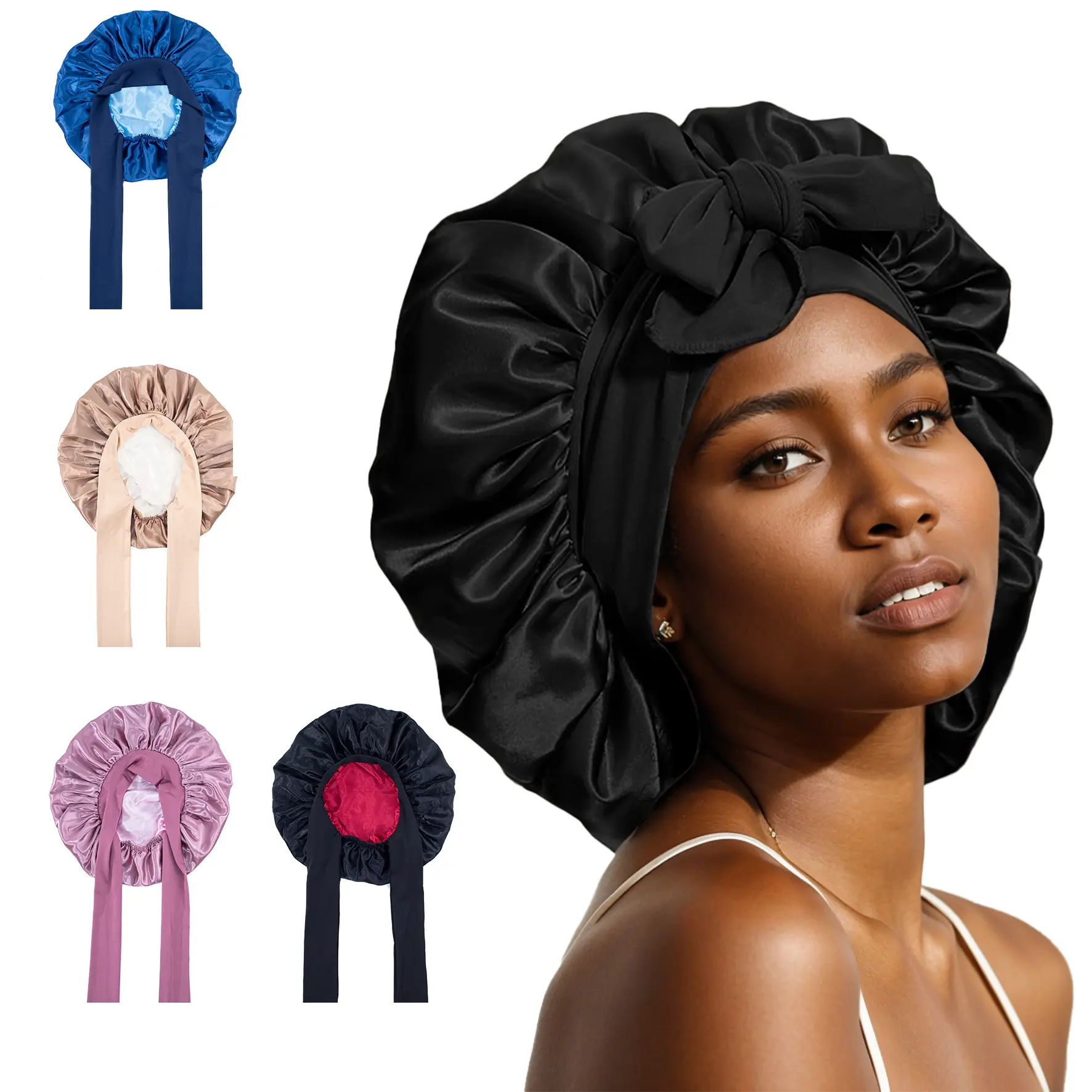 Satin Silk Bonnet Hair Caps Bonnet with Elastic Tie Band for Sleeping Double Layer Hair Bonnet for Women Natural Curly Hair (Pink, Black, Blue, Brown)