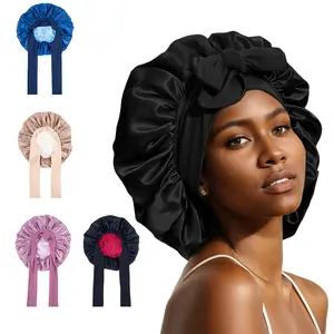 Satin Silk Bonnet Hair Caps Bonnet with Elastic Tie Band for Sleeping Double Layer Hair Bonnet for Women Natural Curly Hair (Pink, Black, Blue, Brown)