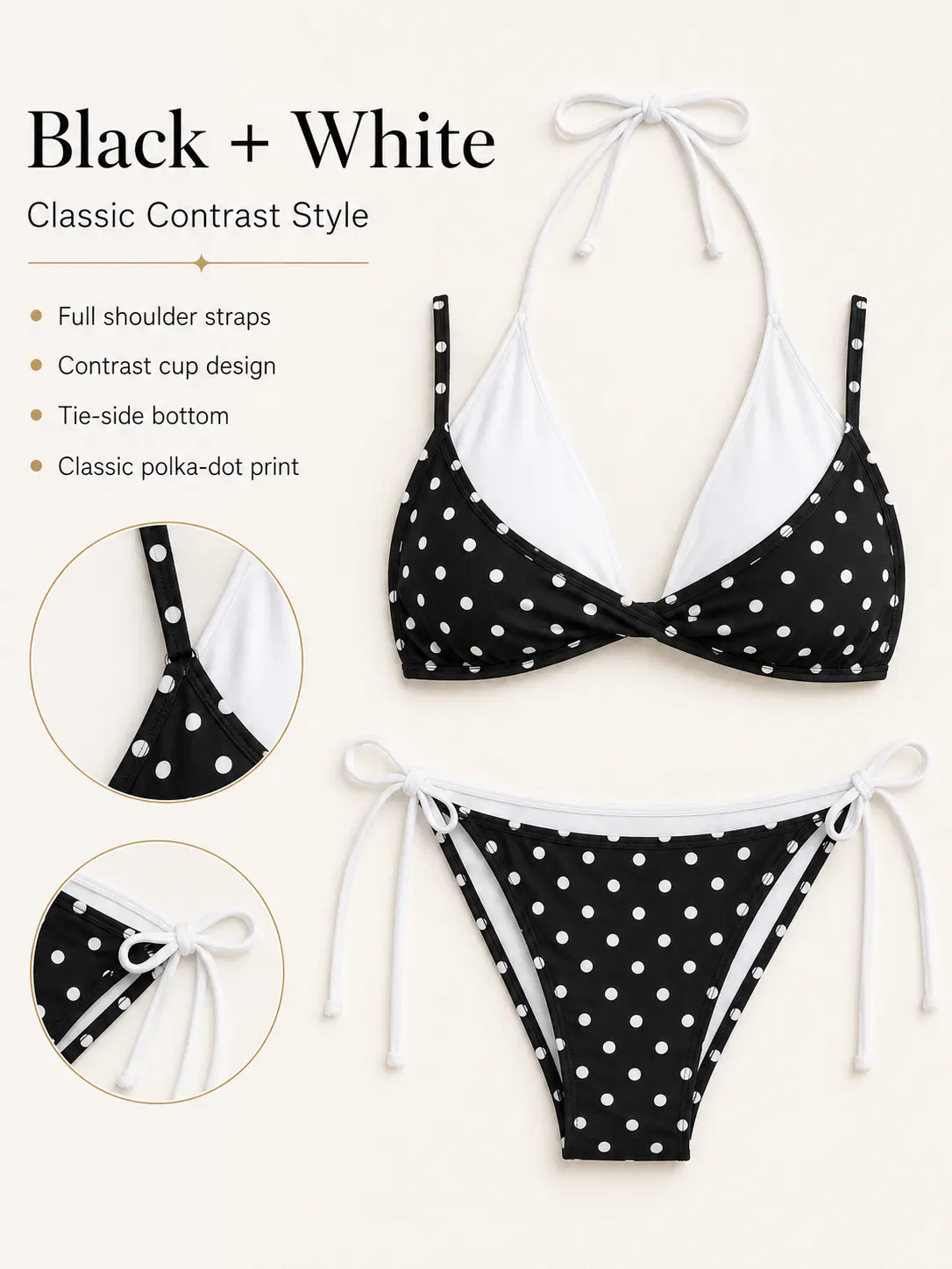 Women’s 2-Piece French Vintage Bikini Set - Halter Triangle Swimsuit Top, Low Waist Bottom, Sexy Retro Beachwear Chic Bathing Suits for Women, Swimsuit For Women