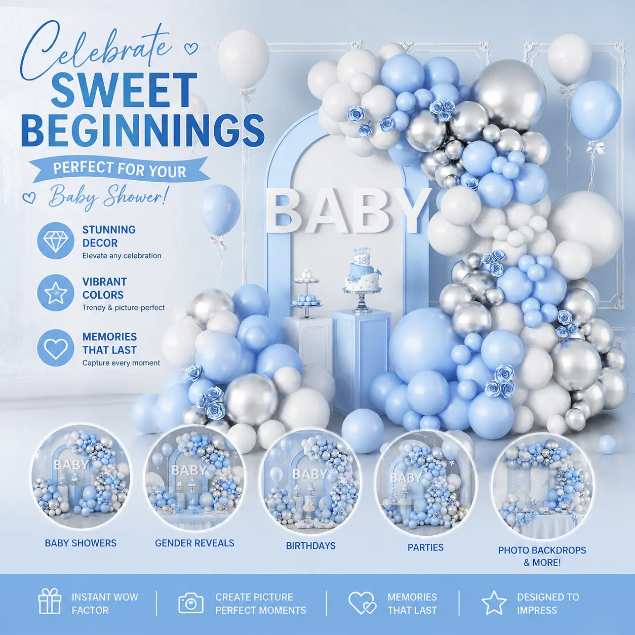 Blue and Silver Balloon Arch Kit, Matte Light Blue & Metallic Silver Balloon Garland, Premium Theme Backdrop Decor for Adult Birthdays, Corporate Events, Parties & Celebrations