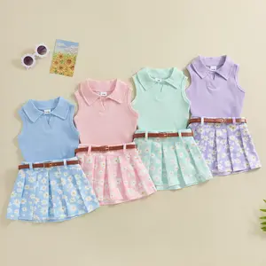 Toddler Girl Summer Clothes Polp Neck Solid Ribbed Knit Tank Tops Floral Print Pleated Mini Skirts with Belt 2Pcs Outfits Set