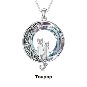 TOUPOP Gifts for Cat Lovers Sterling Silver 1 2 3 Cats Necklace with Crystal Mothers Day Gifts for Women Birthday Christmas Celtic Jewelry