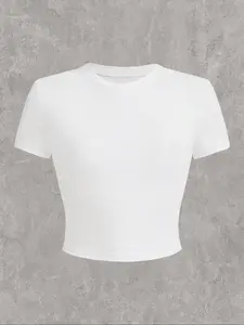 Women's Round Neck Short Sleeve Crop Tee, Casual Crew Neck T-Shirt for Daily Wear, Ladies Clothes for All Seasons