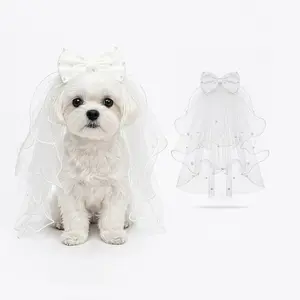 Pet Bridal Veil Cape with Pearl Bow – White Lace Tulle Dog Cat Wedding Dress Outfit – Soft Lightweight Photo Prop for Small Medium Puppy Kitten – One Size Fits Most – Romantic Must-Have for Ceremony Party Photoshoot – Viral TikTok Wedding Trend