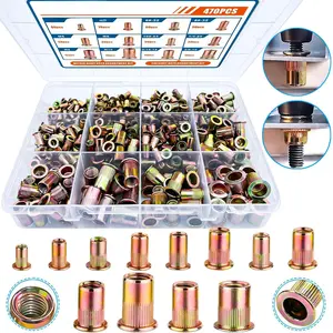 Rivet Nut Kit, 810pcs SAE & Metric Rivet Nut Assortment Kit Galvanized Carbon Steel Flat Head Threaded Insert Nuts, Sizes 6-32 8-32 10-24 1/4"-20 5/16"-18 3/8"-16 M3 M4 M5 M6 M8 M10
