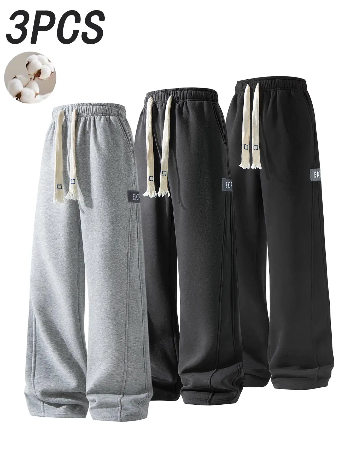 3-pack men’s soft cotton fleece long pants with elastic waistband for everyday wear, street-style drawstring athletic jogging pants