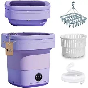 16L Foldable Portable Washing Machine with Spin Basket Drying Rack Complete Laundry Set for Travel RV Dorms
