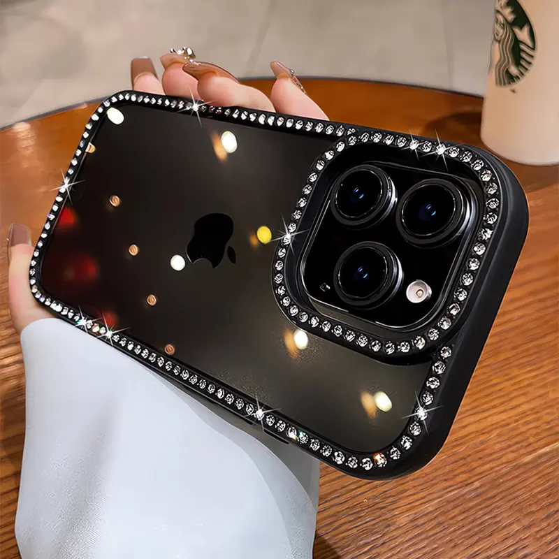 Suitable for iPhone 17 Pro Max mobile phone case, new luxury rhinestone frame, transparent and high-end feel, all-inclusive anti-fall creative silicone shell cover,Transparent Shockproof Phone Case, for iPhone 16 15 14 13 12 11series.073