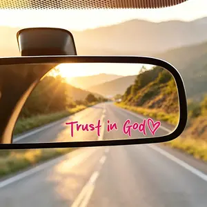 Pink Trust in God Heart Rearview Mirror Decal, Cute Inspirational Quote Vinyl Sticker, Aesthetic Handwritten Style Car Interior Decoration, Waterproof & Removable Mirror Sticker for Women, Girly Positive Vibe Car Accessory