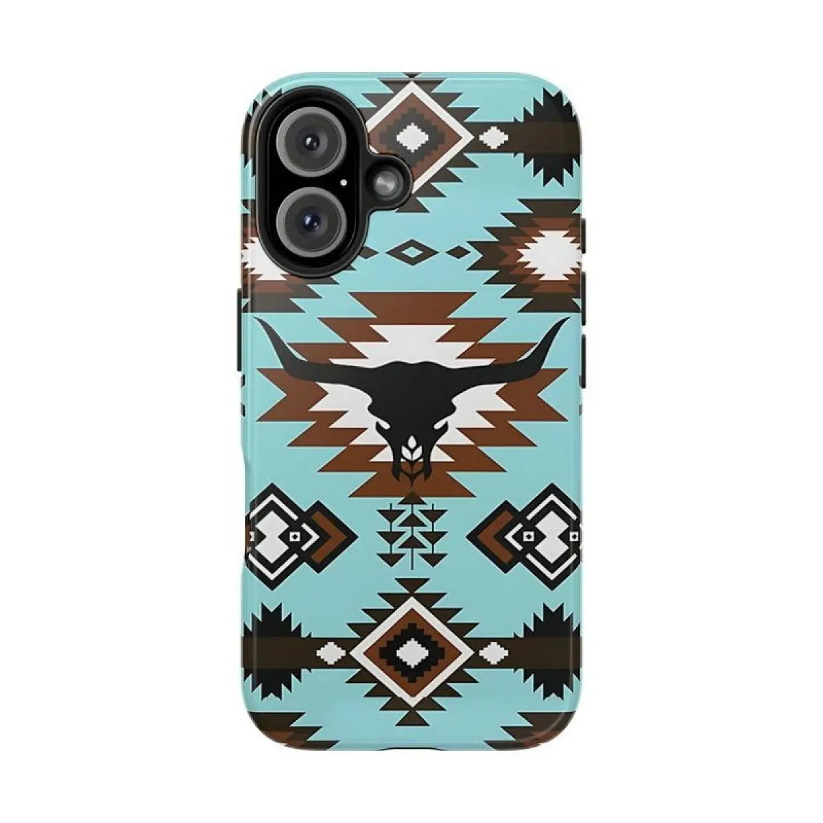 Magnetic PC+TPU Mix Phone Case for Multi-Model iPhone (12/13/14/15/16/17 Pro Max/Plus/Mini, 17 Air) - Turquoise Aztec Bull Skull Western Tribal Design, Shockproof Protection, Wireless Charge Compatible Accessory