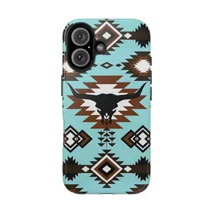 MagSafe Compatible Turquoise Aztec Bull Skull iPhone Case, Western Tribal Wireless Charging Protective Cover for iPhone17/ 16/15/14/13/12promax/ plus/mini