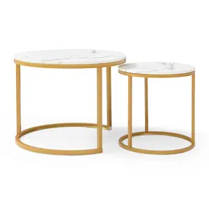 White Gray Nesting Round Coffee Table Set of 2 82.7*63*63.7 Inch Marble Pattern MDF Top Golden Metal Frame Space-Saving Stackable Side Table Stable Easy Assembly Modern Living Room Bedroom Furniture