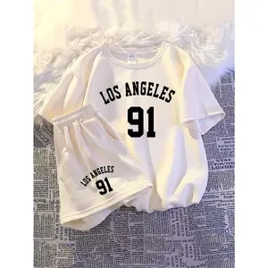 New2pcs Girls' Summer Shorts Set, Teen Loose Casual Letter Print Outfit with Short Sleeve Top, Perfect for Outdoor