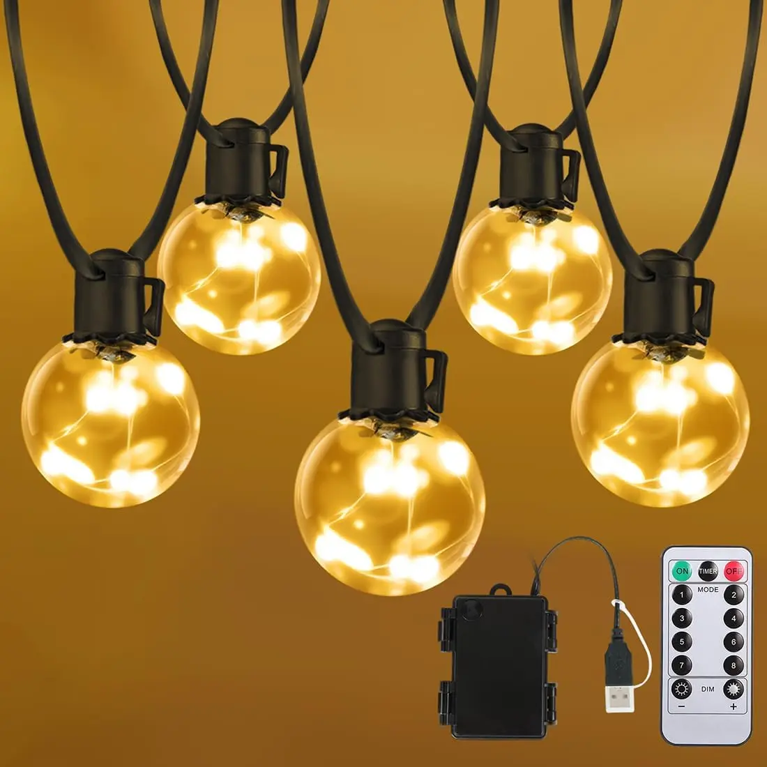 Battery-Powered Dimmable Outdoor String Lights - 20ft 15 G40 Warm White LED Hanging Lights with Dimmer & Timer, IP65 Waterproof Shatterproof Glass Globe Bulbs for Patio Christmas DIY Decor (Outdoor Lighting)