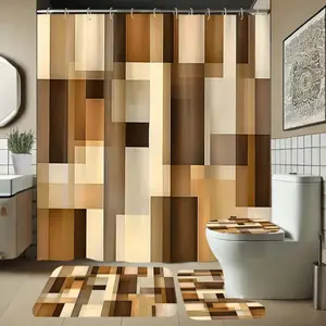 Home Decor 1/ 3/ 4pcs Brown, Square, Patchwork Pattern Shower Curtain with Hooks, Bathroom Partition Curtain, Bathroom Accessories, Home Decor, Elegant Home Accessories for All Seasons, Machine Washable