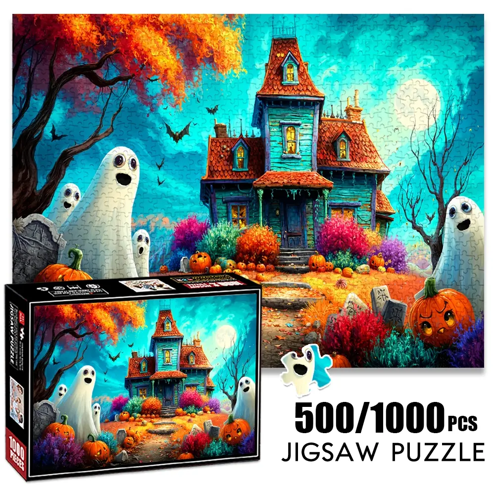 1pc 1000 piece adult puzzle 70x50cm Haunted House with Ghosts, Pumpkins and Bats500 pieces paper jigsaw puzzle suitable for DIY creative games for adults and families, birthday and holiday stress re