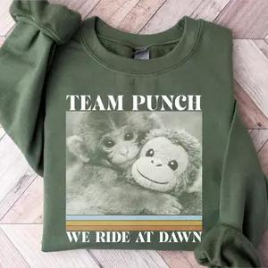 Team Punch "We Ride At Dawn" Sweatshirt and Tshirt | Punch the Baby Monkey & Plushie Graphic Crewneck | Soft Heavyweight Cotton Viral Fan Merch, Cool Colors, Brighten Up Your Look, Relaxed Fit, Easygoing Feel