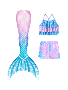 Little Girls Mermaid Swimming Suit 3 Piece Set with Fish-Scale Textures & Shimmering Details Elastic Tankini Top & Mermaid Tail for Beach & Pool