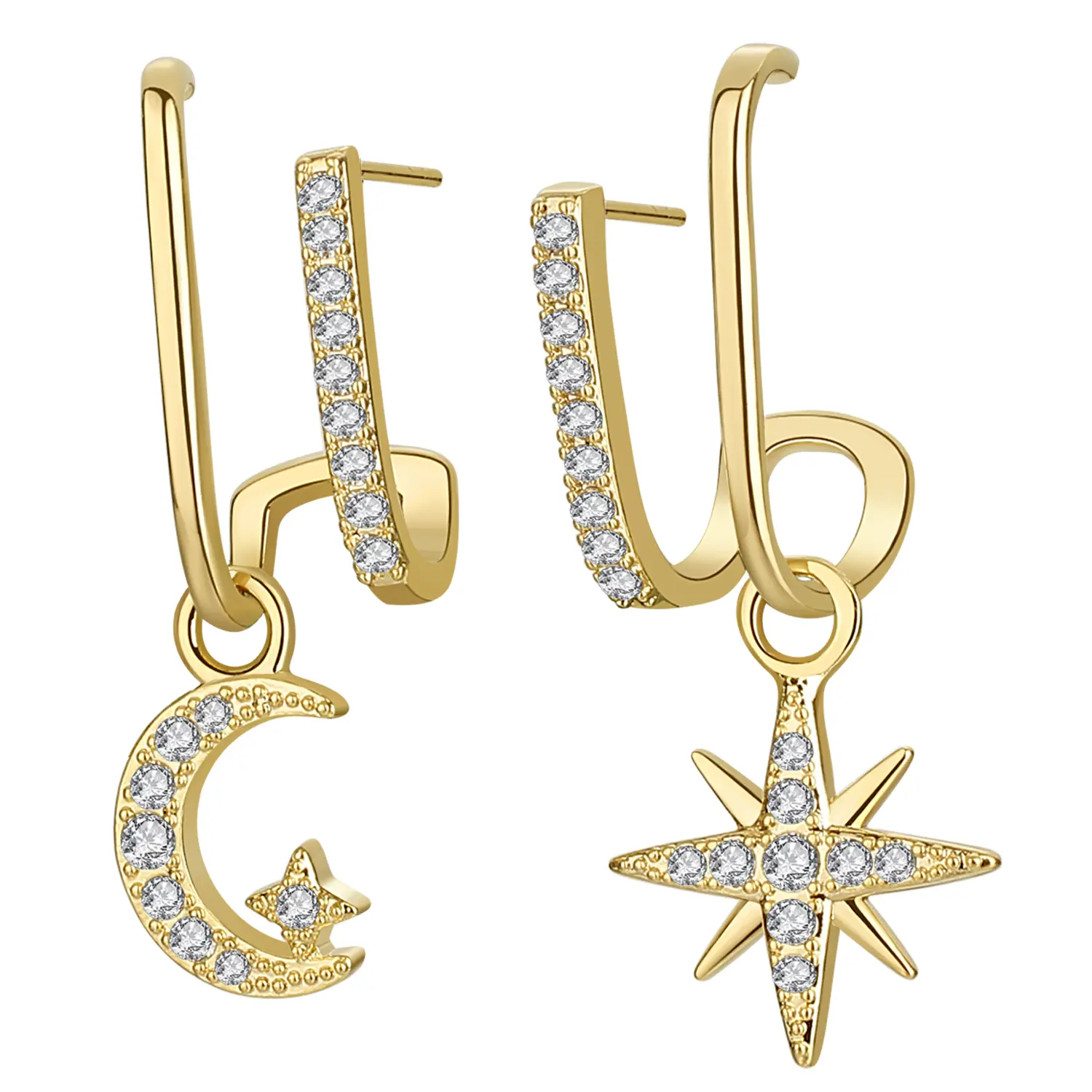 OIDEA Women's 925 Silver Asymmetrical Celestial Ear Cuff Earring Stack - Star Moon Set, Cubic Zirconia Pin, Hypoallergenic Gold Dainty Crescent Moon, Elegant Celestial Boho Style Jewelry, Daily Durable Birthday Gift for Female, Girl, Friends, Ear Cuff Ear