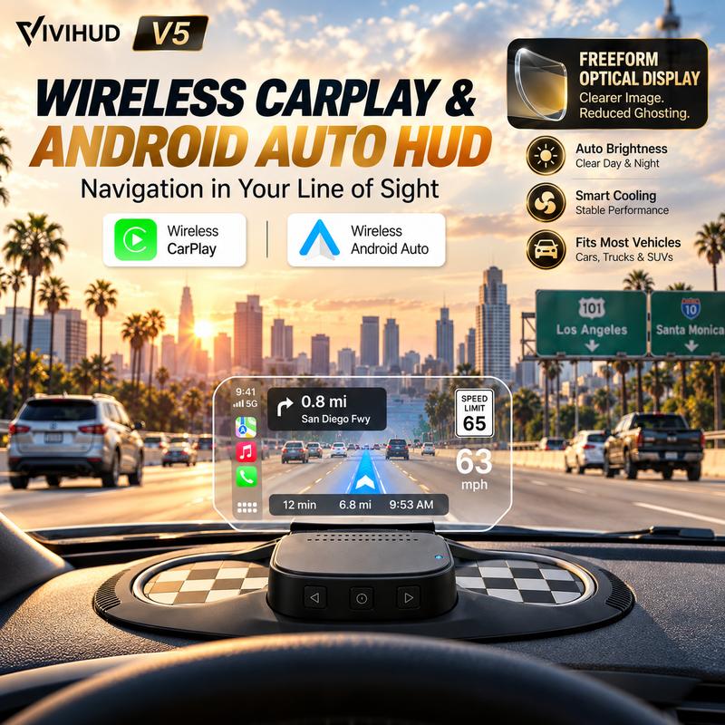 VIVIHUD V5 Wireless CarPlay & Android Auto HUD for Cars, Freeform Optical Head-Up Display with Navigation, Music, Hands-Free Calls & Auto Brightness