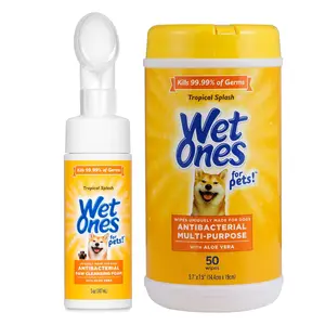 Dog Paw Cleaner with Built-in Scrubber Tropical Splash Scent 5 oz + 50 Ct Aloe Vera Wipes Canister Dog Wipes Antibacterial Pet Grooming Kit