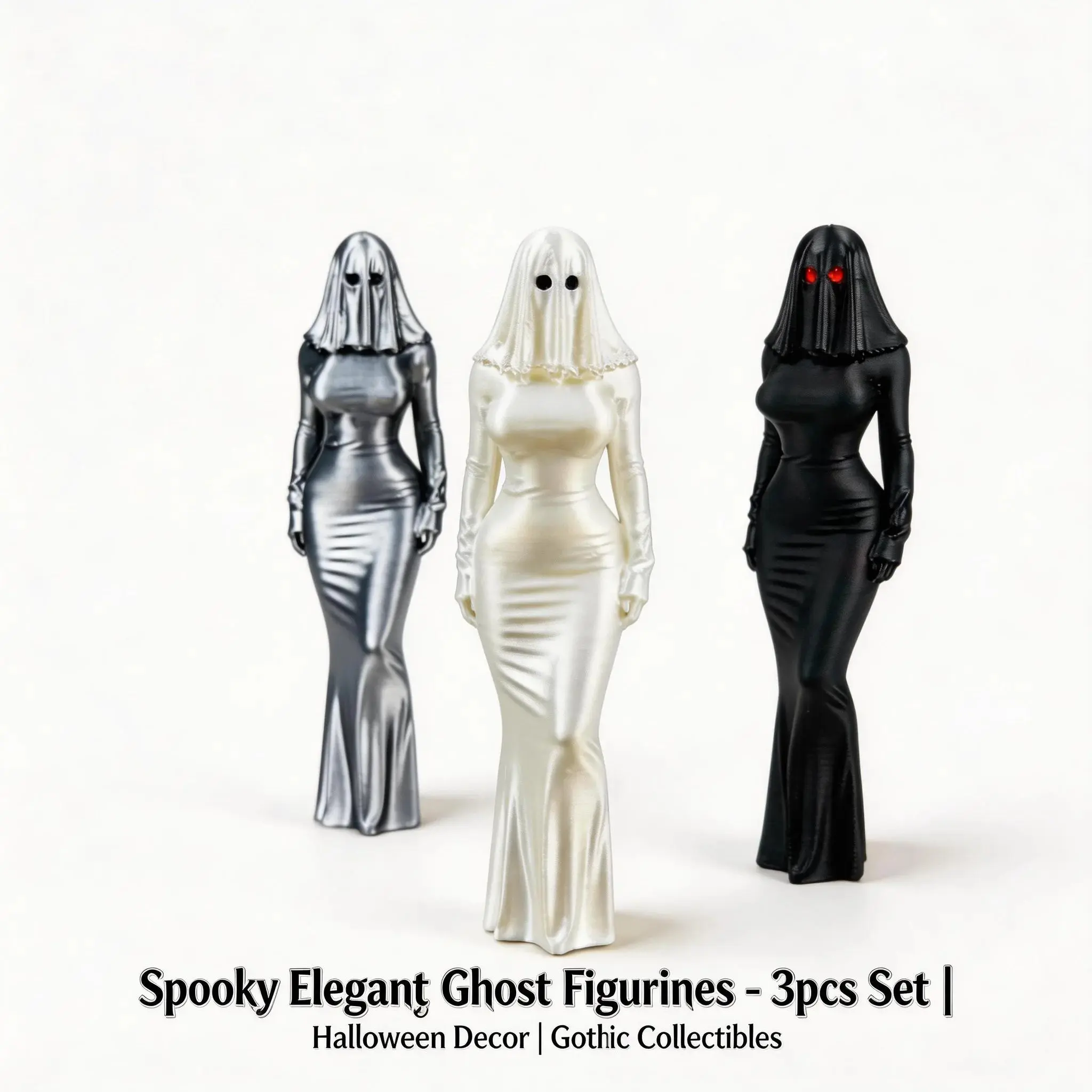3PCS 3D Mysterious Halloween Statue Gothic Masked Robe Queen Figure Sculpture Spooky Standing Statues Desktop Ornaments Festive Gifts